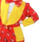 Preview: Erwachsenenkostüm Dom-Clown Mantel in rot-gelb mit Dom-Clown-Motiven, weitem Kragen und Taschen Karneval Kölle Alaaf