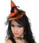 Preview: Hexenhut mit Clip in Orange für Erwachsene mit Netz und Rosen Halloween Haarschmuck Kopfbedeckung