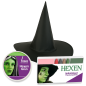 Preview: Hexenhut mit Schminkset – Halloween Kostümzubehör in Theaterqualität – Wahl zwischen Hexengrün oder Schminkset für Hexen