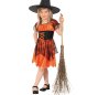 Preview: Mädchen im orange-schwarzen Hexenkleid mit Spinnennetzrock, Hexenhut und Besen