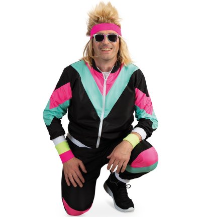 Outfit 80er Jahre Retro Proll Trainingsanzug, schwarz Damen/Herren Sportanzug für Mottopartys & Bad Taste Events