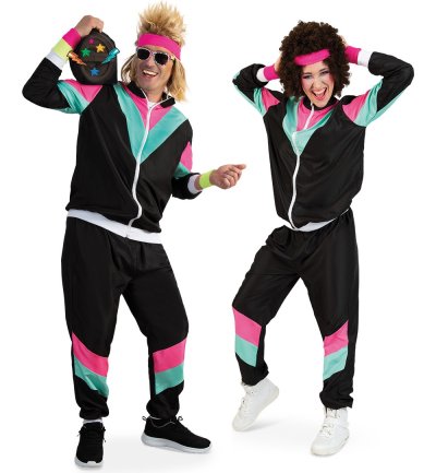 Outfit 80er Jahre Retro Proll Trainingsanzug, schwarz Damen/Herren Sportanzug für Mottopartys & Bad Taste Events