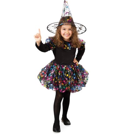 Hexenhut bunt transparent für Halloween mit Holodruck Katze Hexe Fledermaus Stern Kürbis Zaubererhut