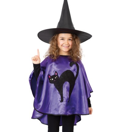 Kostüm Umhang mit schwarzer Katze – lila Cape für Mädchen – Verkleidung für Halloween, Fasching & Karneval