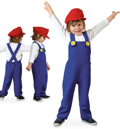 Klempner-Latzhose in blau mit roter Mütze – Blaues Outfit für kleine Handwerker, Gr. 104-128, Partyoutfit