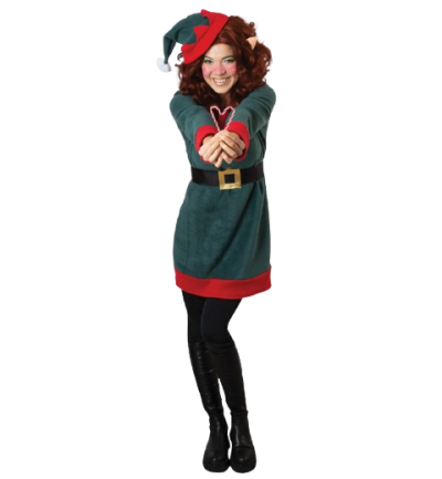 Weihnachtself Kostüm Damen 3-teiliges Set mit Kleid, Gürtel und Mütze | Lustiges Elf-Kostüm für Weihnachten und Fasching, weiches Fleece
