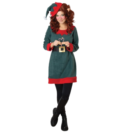Weihnachtself Kostüm Damen 3-teiliges Set mit Kleid, Gürtel und Mütze | Lustiges Elf-Kostüm für Weihnachten und Fasching, weiches Fleece