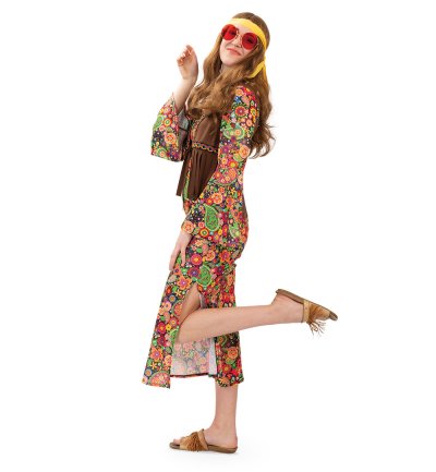 Hippie Kostüm Erwachsene Damen oder Herren – 70er Jahre Outfit mit Buntem Blumenmuster & Brauner Fransenweste – Flower Power Verkleidung
