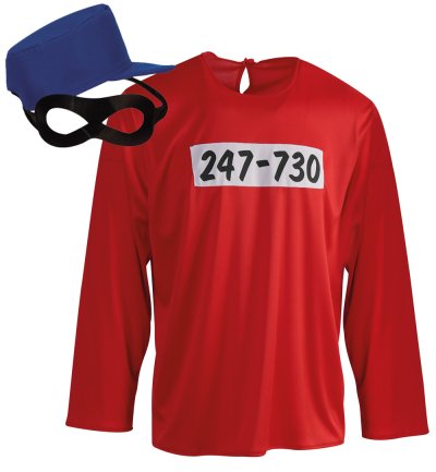 Buntes Comic Kostüm Herren – Lustige Verkleidung in Rot & Blau, Langarmshirt, Mütze & Maske – Kreatives Männerkostüm