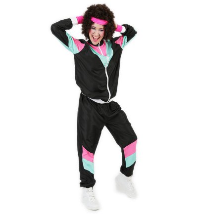 Outfit 80er Jahre Retro Proll Trainingsanzug, schwarz Damen/Herren Sportanzug für Mottopartys & Bad Taste Events