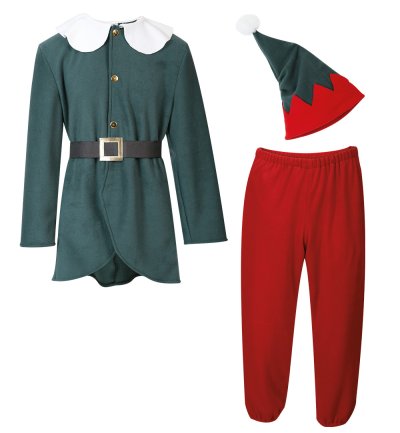 Kostüm Outfit Weihnachtself für Erwachsene - 4-teiliges Set: Oberteil Hose Mütze & Gürtel langarm Fleece