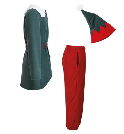 Kostüm Outfit Weihnachtself für Erwachsene - 4-teiliges Set: Oberteil Hose Mütze & Gürtel langarm Fleece
