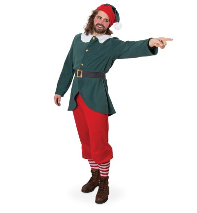 Kostüm Outfit Weihnachtself für Erwachsene - 4-teiliges Set: Oberteil Hose Mütze & Gürtel langarm Fleece