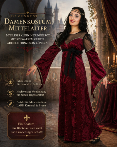 Mittelalter Damenkostüm Dunkelrot – 2-teiliges Prinzessin Kleid mit Gürtel