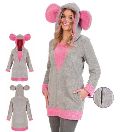 Oberteil Maus Mäuschen Grau Pink mit Kapuze Damenoberteil Verkleidung für viele Gelegenheiten