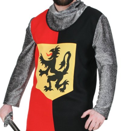 Herrenkostüm Ritter Oberteil in schwarz-rot mit Silber glänzenden Akzenten und Wappen mit Drache