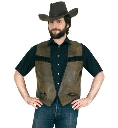 Cowboyweste, Herrenkostüm braun Lederlook mit schwarzen/dunkelbraunen Fransen Sheriff Wilder Westen Patronen Akzente offen ärmellos