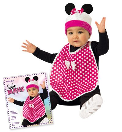 Baby Kostüm Süße Maus Lätzchen mit Mütze pink weiß