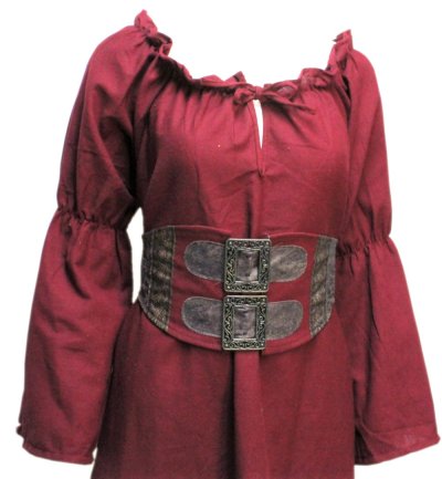 Damenkostüm 2-teilig Frauenkleid in Bordeauxrot und Gürtel in brauner Lederoptik Vintage Mittelalter Renaissance
