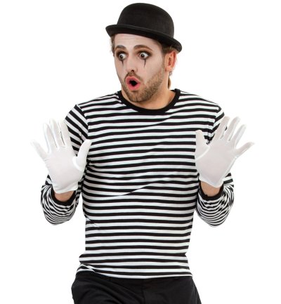 Kostüm-Set Pantomime, 3 TLG. Straßenkünstler Harlekin Shirt Schminke Handschuhe Hut Kostüm-Bundle Komplettset