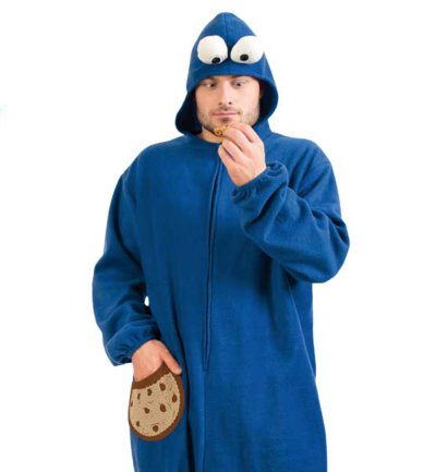 Erwachsenenkostüm Keksmonster Overall in blau mit Kapuze Onesie