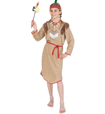 Kinderkostüm Wilde Rose Indianerin 2-teilig Kleid in beige mit Gürtel in rot Ureinwohner Amerika Rothaut