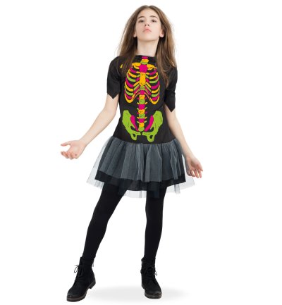 Kinder Skelett Kostüm Kleid bunt nachtleuchtend für Mädchen GID Halloween Monster Knochen Verkleiden für viele Gelegenheiten