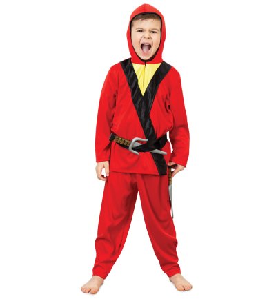 Kinder – Ninja Anzug rot mit Kapuze und Gürtel Kämpfer Verkleidung für viele Gelegenheiten Kampfkünstler