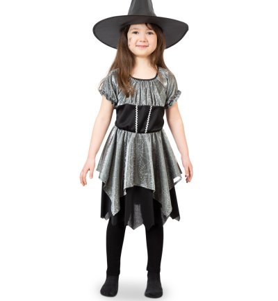 Hexenkostüm Kinder Mädchen Silber Schwarz Halloween Hexe Zauberer Cosplay Rollenspiel Verkleidung