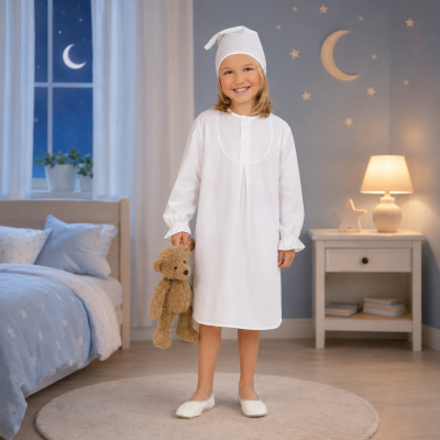Mädchen im weißen Kinder-Nachthemd-Kostüm mit Schlafmütze