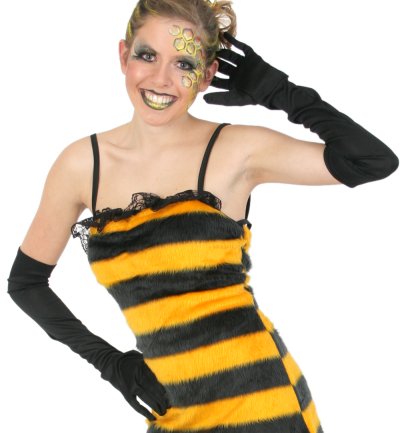 Damenkostüm Biene Kleid in gelb-schwarz gestreift mit Rüschen Bienchen