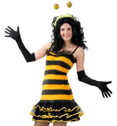 Damenkostüm Biene Kleid in gelb-schwarz gestreift mit Rüschen Bienchen