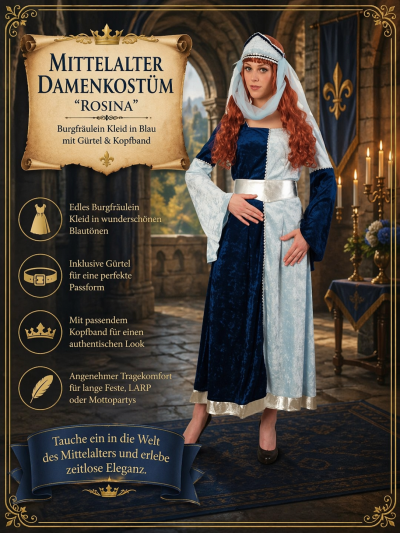 Mittelalter Damenkostüm  – Burgfräulein Kleid Blau mit Gürtel & Kopfband – Langes Ritterkostüm für Karneval, LARP & Events