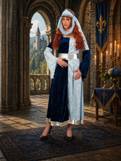 Mittelalter Damenkostüm  – Burgfräulein Kleid Blau mit Gürtel & Kopfband – Langes Ritterkostüm für Karneval, LARP & Events