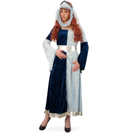 Mittelalter Damenkostüm  – Burgfräulein Kleid Blau mit Gürtel & Kopfband – Langes Ritterkostüm für Karneval, LARP & Events