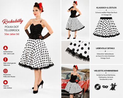 Rockabilly Tellerrock mit Polka Dots und Spitzensaum