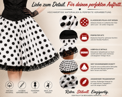 Rockabilly Rock 50er Jahre Schwarz Weiß| Vintage Tellerrock im Rock'n'Roll Stil mit klassischem Polka-Dot-Muster