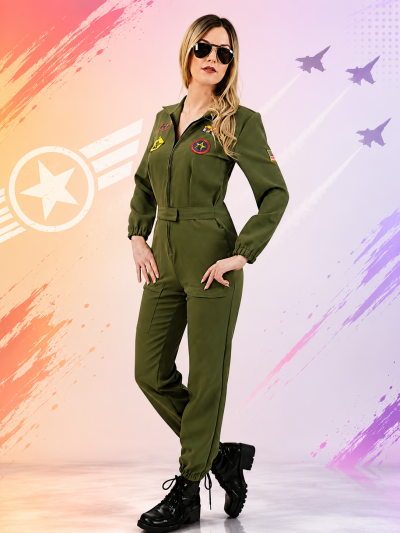 Damenkostüm Kampfpilotin mit Pilotenbrille Overall olivgrün