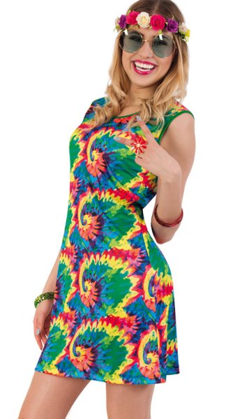 Kostüm-Set Hippie für Erwachsene, 4-teilig Kleid, 60er Jahre, Peace, Flower - Power, Festival