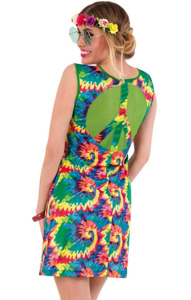 Kostüm-Set Hippie für Erwachsene, 4-teilig Kleid, 60er Jahre, Peace, Flower - Power, Festival