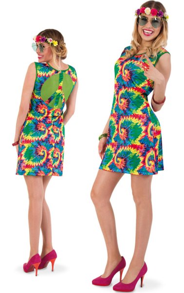 Kostüm-Set Hippie für Erwachsene, 4-teilig Kleid, 60er Jahre, Peace, Flower - Power, Festival
