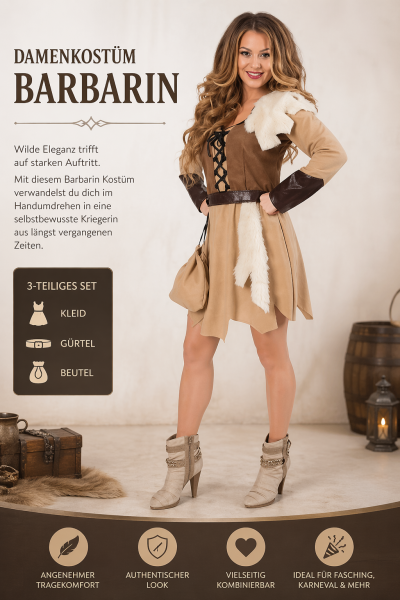 Damenkostüm "Barbarin", Kleid mit Gürtel und Beutel, Fasching, Karneval, Mottoparty