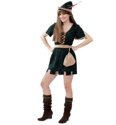 Damenkostüm Robin Hood 3-teilig – Dunkelgrünes Kleid mit Gürtel & Beutel – Mittelalter Jägerin Kostüm für Fasching & Karneval