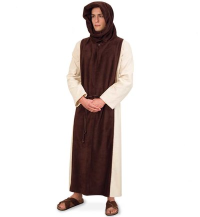 Herrenkostüm "Mönch" Kutte mit Schlaufenkapuze und Kordel Ordensbruder Mittelalter Kuttenträger braun-beige