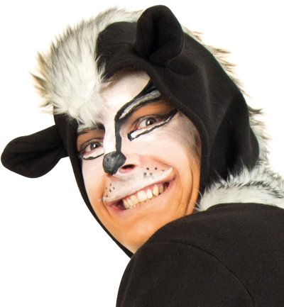 Erwachsenenkostüm Skunk Oberteil in schwarz mit Kapuze, Ohren und Schwanz Stinktier Stinkdachs Tier Verkleidung