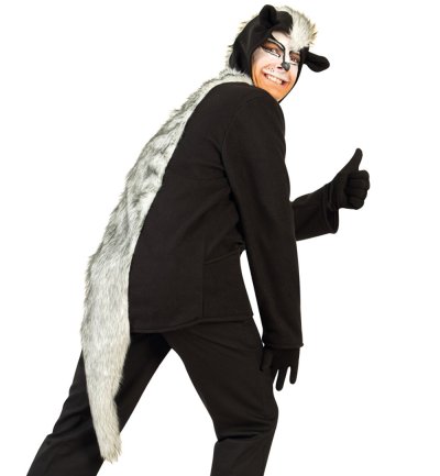 Erwachsenenkostüm Skunk Oberteil in schwarz mit Kapuze, Ohren und Schwanz Stinktier Stinkdachs Tier Verkleidung