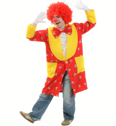 Erwachsenenkostüm Dom-Clown Mantel in rot-gelb mit Dom-Clown-Motiven, weitem Kragen und Taschen Karneval Kölle Alaaf