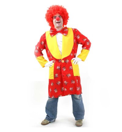 Erwachsenenkostüm Dom-Clown Mantel in rot-gelb mit Dom-Clown-Motiven, weitem Kragen und Taschen Karneval Kölle Alaaf