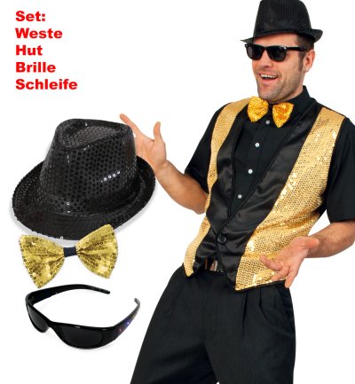 KOSTÜM - SET, für Herren, Pailletten - Set, 4 tlg. Weste, Hut, Brille & Schleife, perfekt ausgestattet für die nächste Karnevalsparty