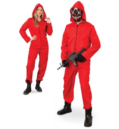Overall Rot Aufseher Anzug Rot Karnevalskostüm Jumpsuit für Erwachsene Verkleidung Spieler Mit Kapuze und Reißverschluss, inklusive Gürtel